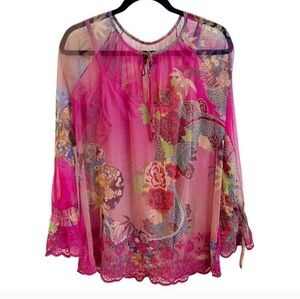 Johnny Was Mesh Blouse W/ Slip. Long Slv Eyelet Embroidered Floral Boho